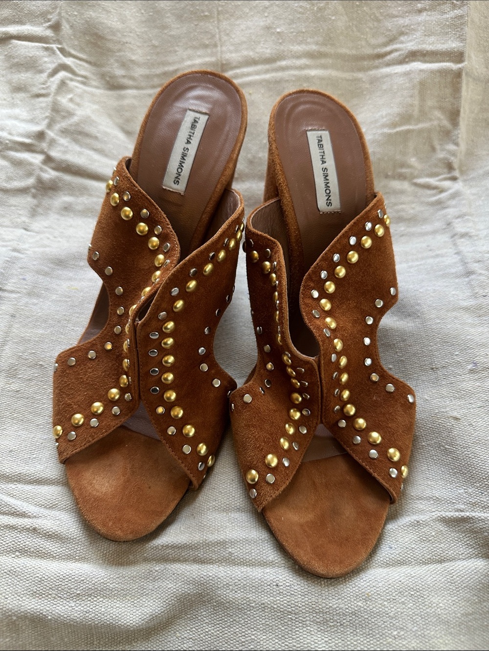 Tabitha Simmons Tan Suede Studded Mule Sandals